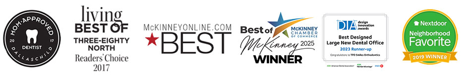 Collage of Award Logos for Mom-Approved 2017, Living Best of Three-Eighty North Readers Choice 2017, Best of McKinney 2024, Best McKinneyOnline.com and Nextdoor Neighborhood Favorite 2019